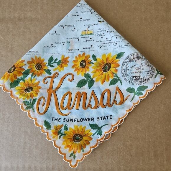 Vintage Hanky Handkerchief KENTUCKY State Capitol Map Sunflower Design Souvenir - Picture 1 of 12